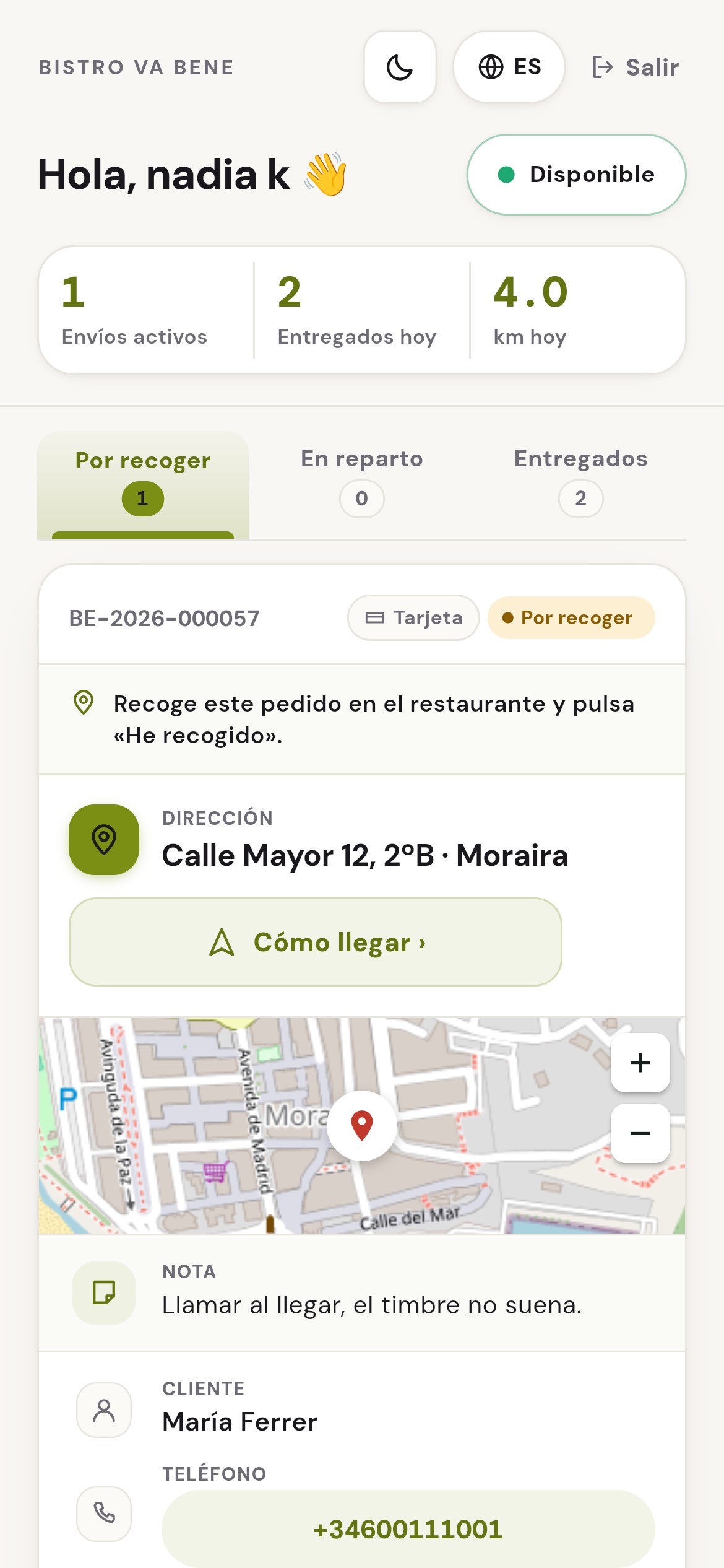 La app del repartidor con un envío asignado