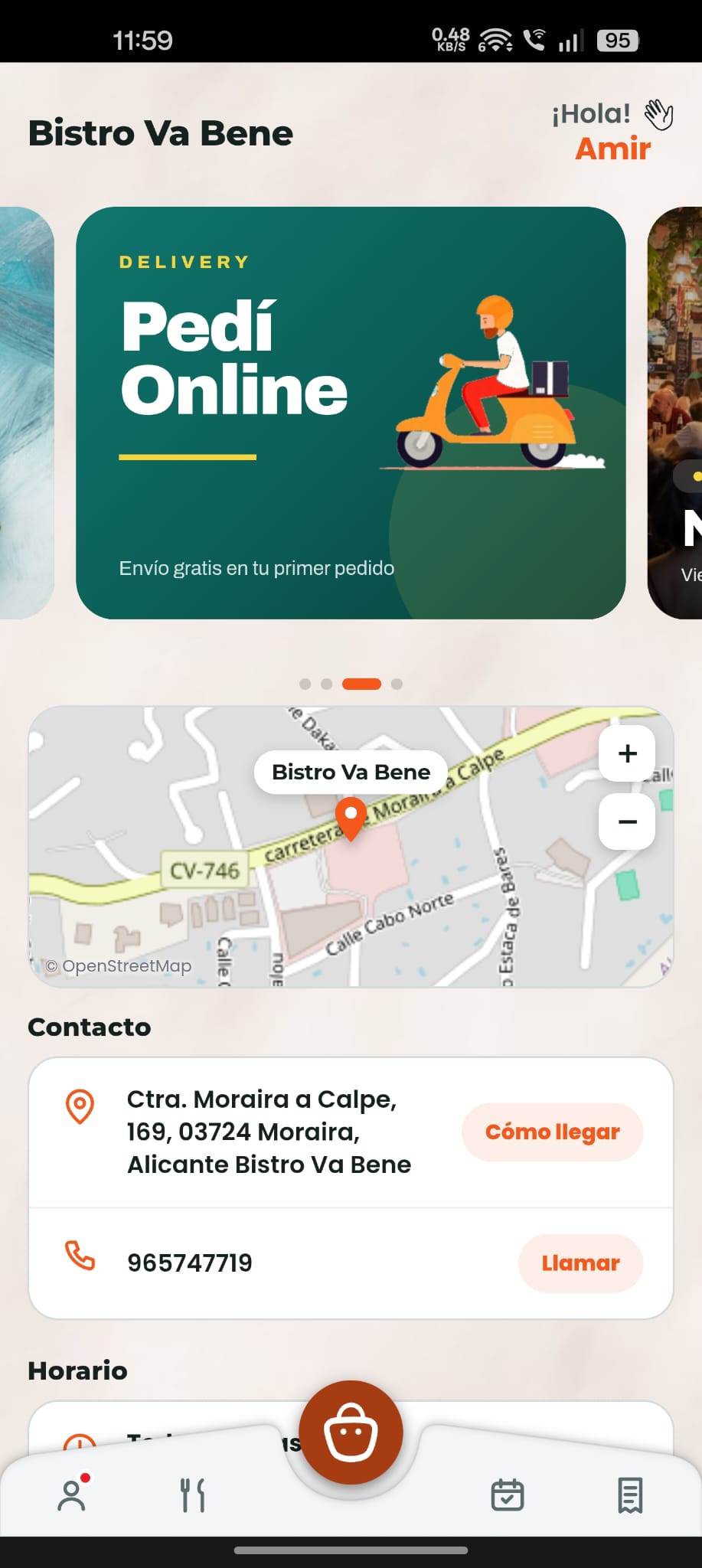 La app del cliente con el tema claro naranja